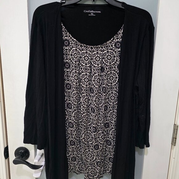 croft & barrow Sweaters - Croft & Barrow Womens XL 2-in-1 Layered Blouse Cardigan Black White Print Top